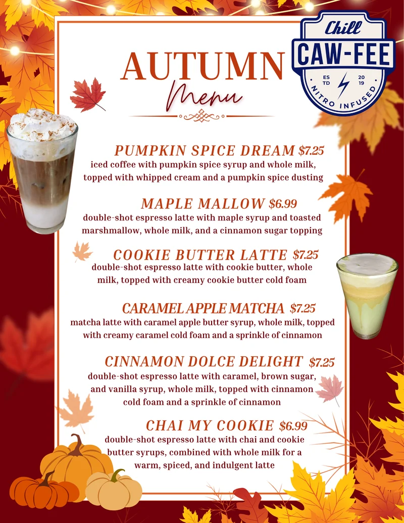 Chill Cawfee Autumn Menu — seasonal fall lattes